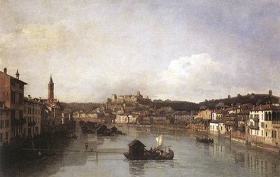 Uitzicht op Verona en de rivier Adige vanaf de Ponte Nuovo door Bernardo Bellotto